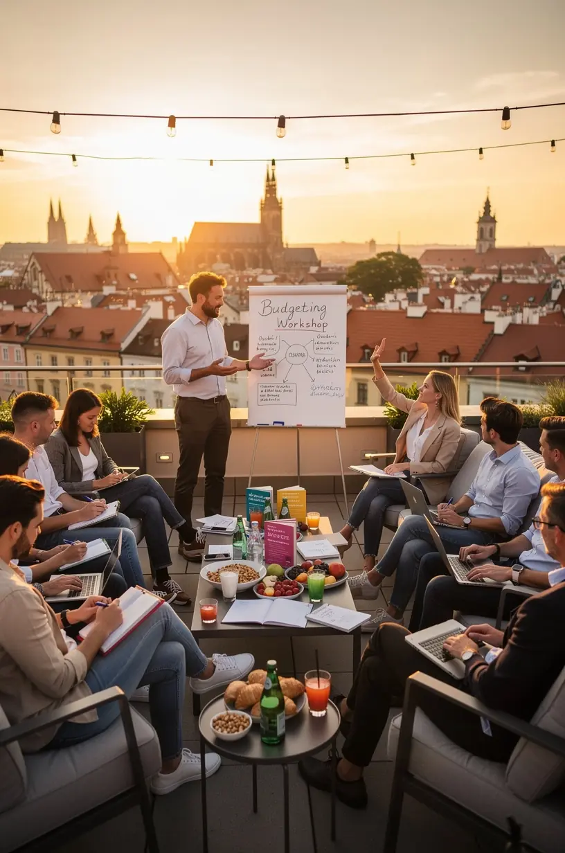 Detail ruky držící tužku nad plánovačem rozpočtu na stole s kávou.