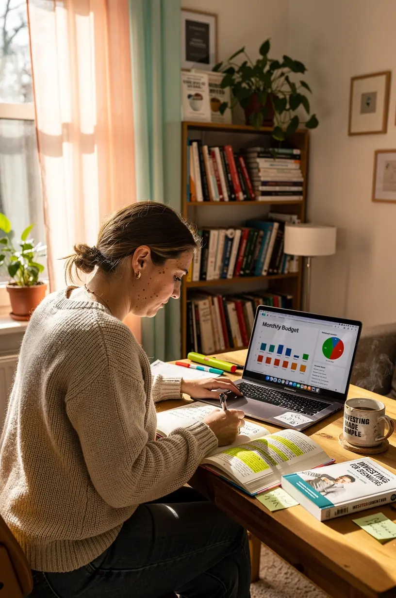 Rodinný stůl s otevřenými knihami o finanční gramotnosti a poznámkovými bloky.
