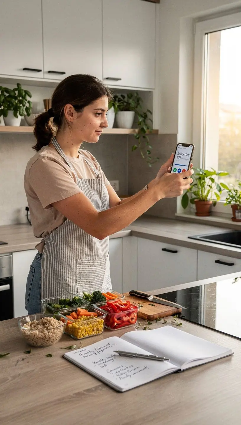 Ilustrace rodinného rozpočtu s kalkulačkou a poznámkami o finančním plánování.